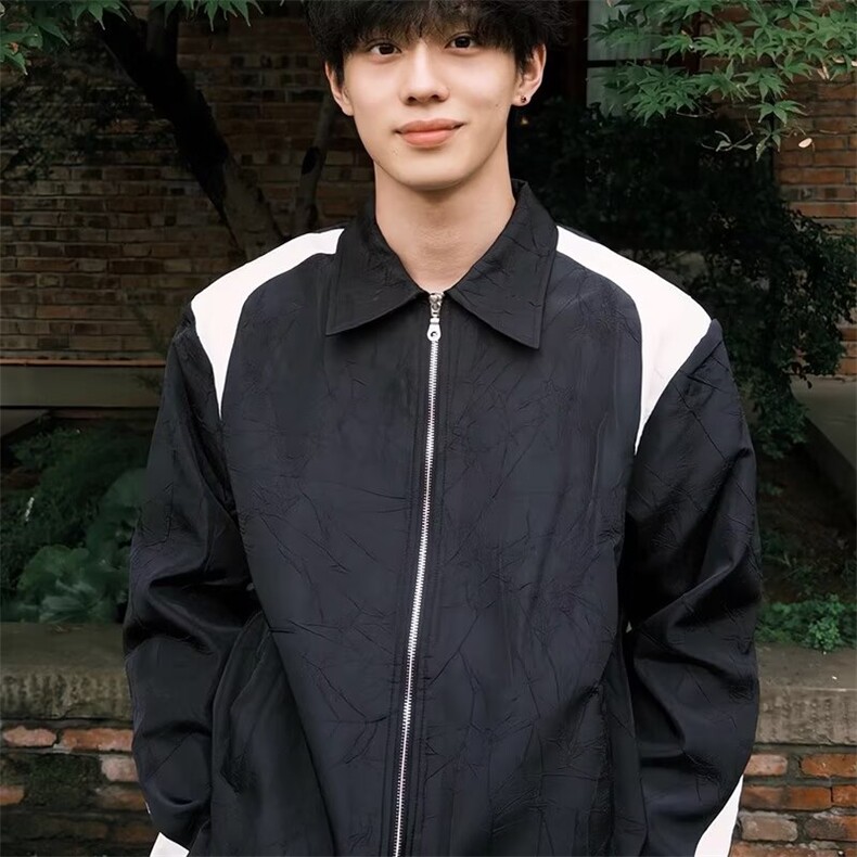 高级感撞色拼接褶皱夹克港风chic轻奢休闲飞行外套男生JKS06图片
