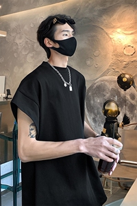 纯黑色300g重磅无袖t恤男潮牌美式高街小领口背心夏季一分袖坎肩图片