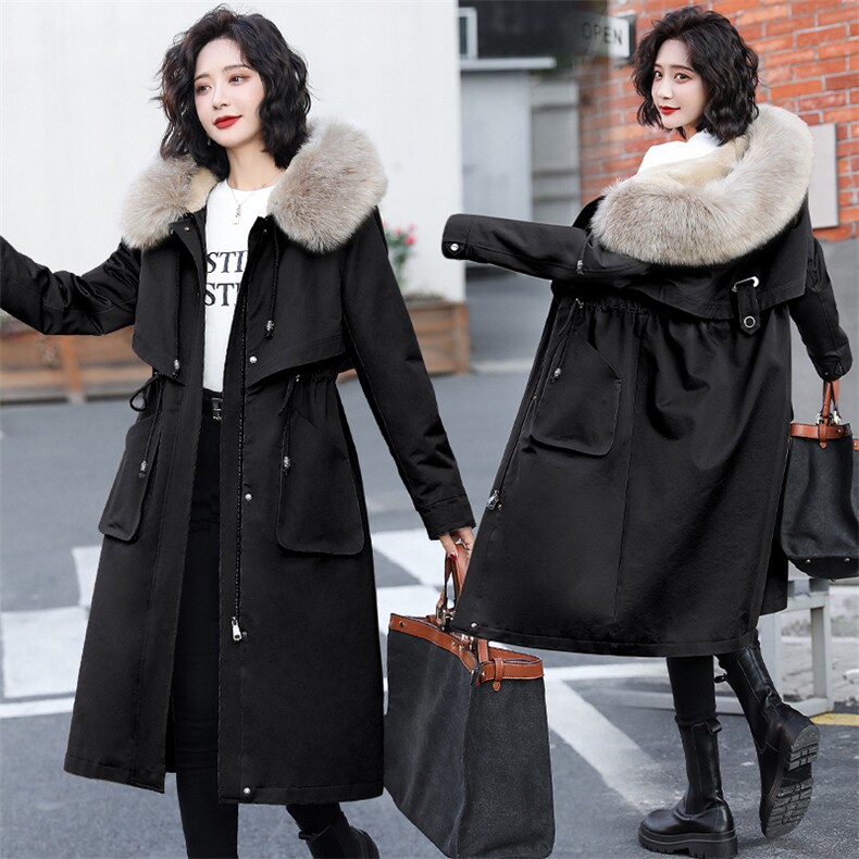 2022冬季新款时尚腰间抽绳修身气质真狐狸毛领舒适保暖连帽派克服，女装棉衣/棉服，时尚俏佳人