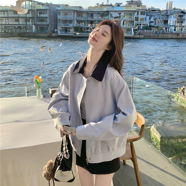 2026春装新款浅蓝色小清新夹克外套可脱卸领子韩版上衣女,女装短外套,时尚风爆