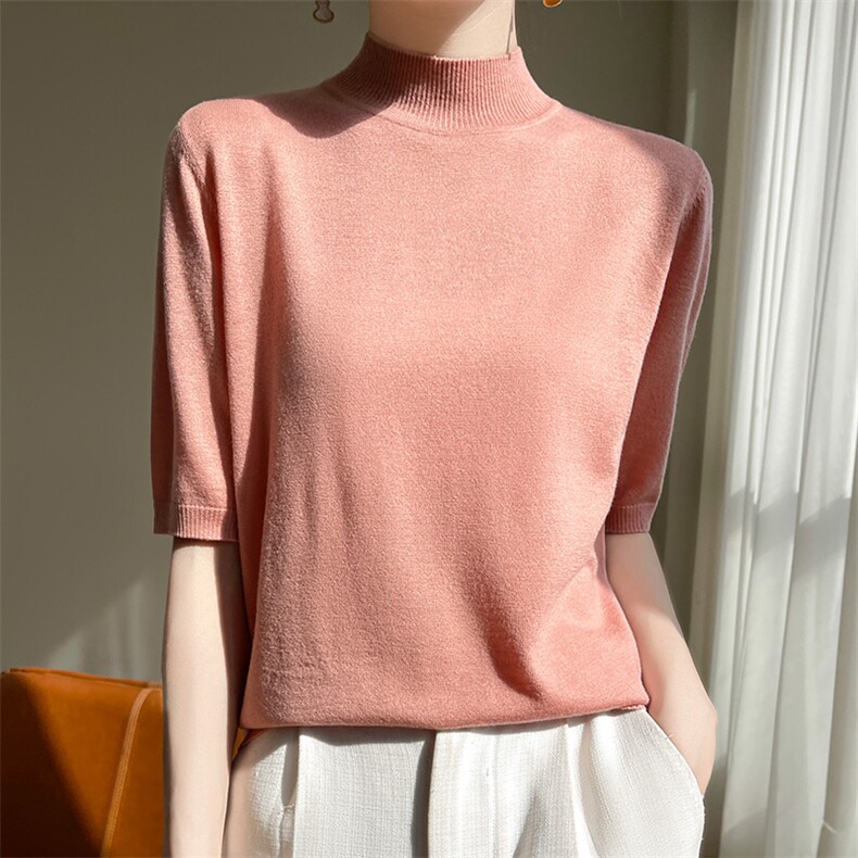 春夏款精纺女半高领毛衣半袖修身短袖针织打底衫薄T恤上衣，女装羊毛衫，片语羊绒
