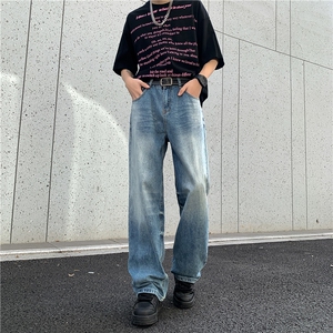 淡蓝复古蓝vibe牛仔裤vintage高街微喇浅蓝做旧cleanfitGJ335P55,淡蓝球鞋搭配图片