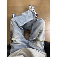B221美式ins高街暗黑喷墨宽松弯刀牛仔裤LK25545-特P45控78，男装牛仔裤，电商B221