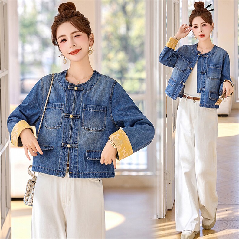 新中式盘扣短款牛仔外套女2025春季新款小个子休闲气质圆领牛仔衣，女装牛仔外套，润尚靓点