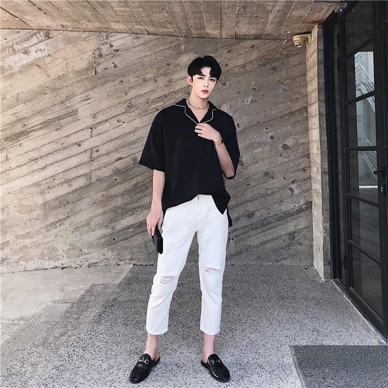 夏季慵懒睡衣风撞色翻领套头衬衣,男装衬衫,电商A246
