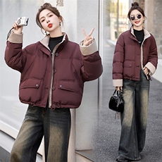 时尚拼色立领短款羽绒服女2025冬季小个子超好看面包服白鸭绒外套，女装羽绒服，沁沁公主