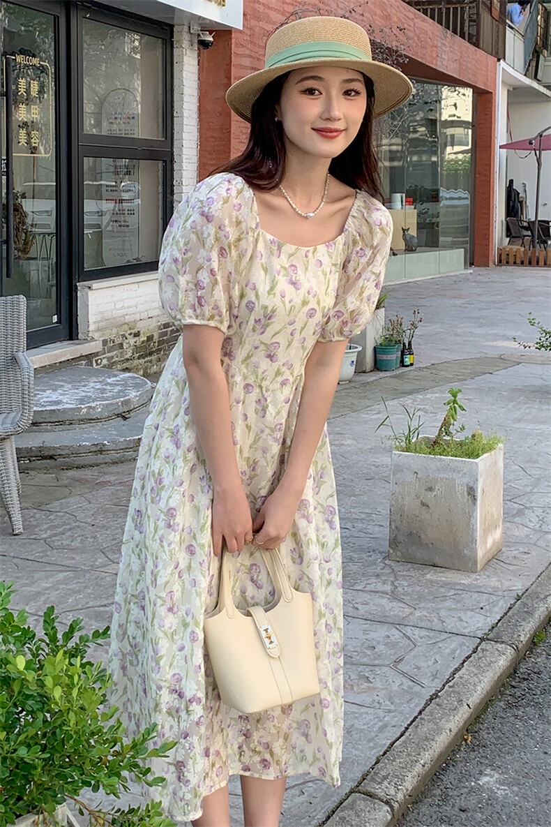 标准法式风情浪漫花色碎花连衣裙,女装连衣裙,MQ