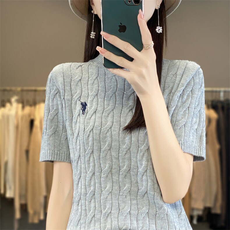 早春小马刺绣宽松羊毛短袖女复古麻花低圆领针织衫百搭修身T恤上,女装羊毛衫,润辉羊绒
