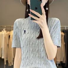 早春小马刺绣宽松羊毛短袖女复古麻花低圆领针织衫百搭修身T恤上，女装羊毛衫，润辉羊绒