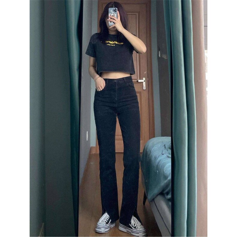 AK2418-p35 黑色开叉微喇叭牛仔裤女春秋小个子显瘦高腰喇叭裤图片