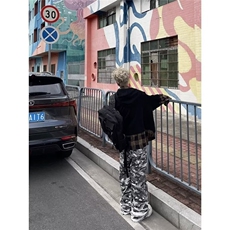 韩迷彩脏染双腰头手工破坏裤脚休闲直筒堆叠帆布迷彩阔腿长裤，男装休闲裤，星座813-2