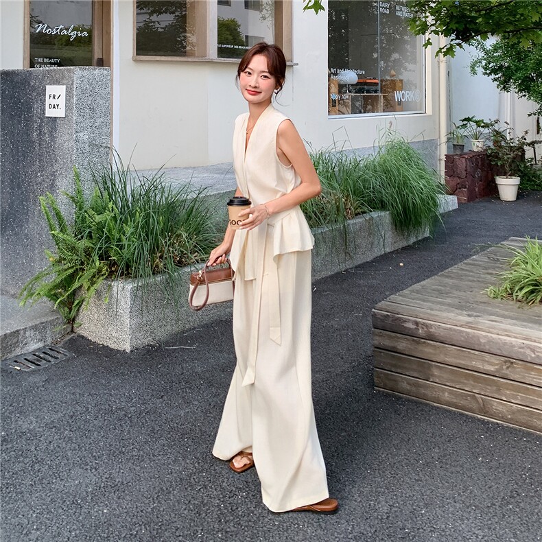 新款现货主推夏季无袖气质套装女老钱风阔腿裤清冷感韩系两件套,女装套装/套裙,网红馆