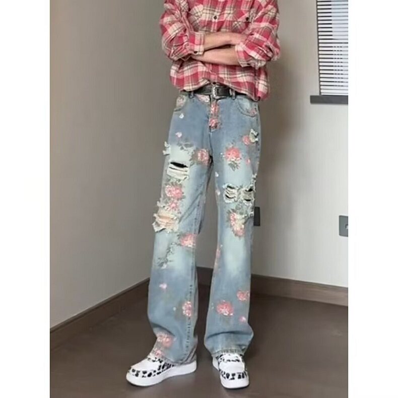 满印玫瑰花朵牛仔裤男款春季裤子慵懒风松弛感阔腿微喇裤NL6620，男装牛仔裤，星座1116A（原606A-3）
