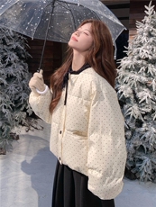 新款现货高转化千金风波点韩系休闲丝绒领带羽绒服8878-P245-K345，女装羽绒服，吉娜