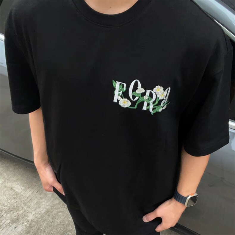 【重工刺绣】100%纯棉潮牌花卉字母绣花T恤短袖chic百搭上衣女,男装T恤,星座1210-1