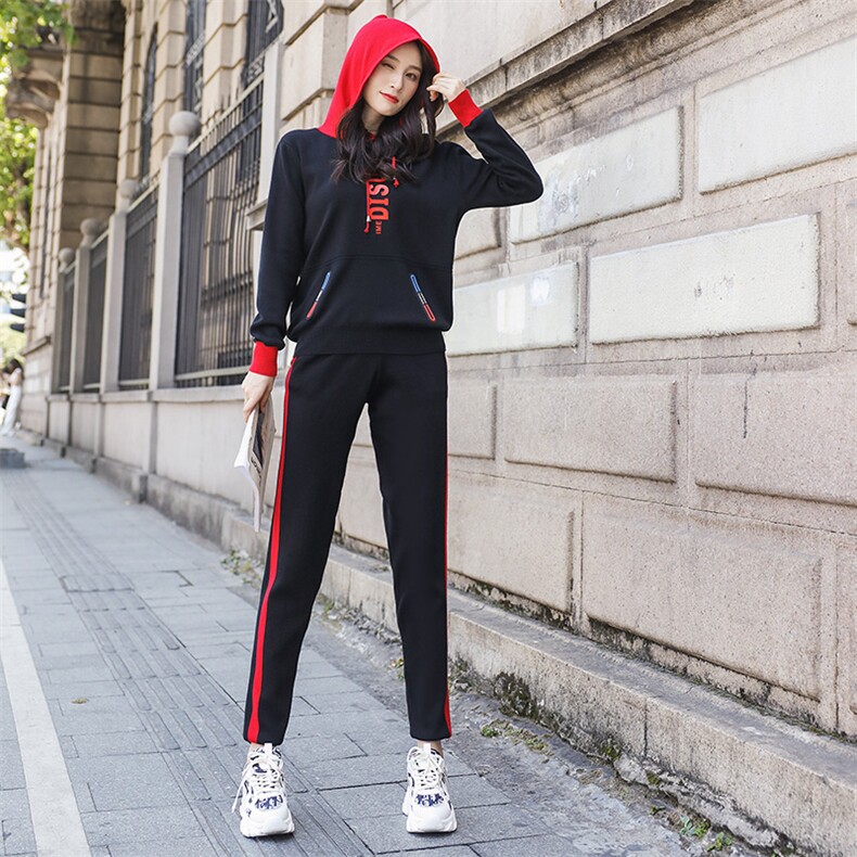 休闲时尚针织运动套装连帽撞色拼接,女装运动套装,美吧服饰