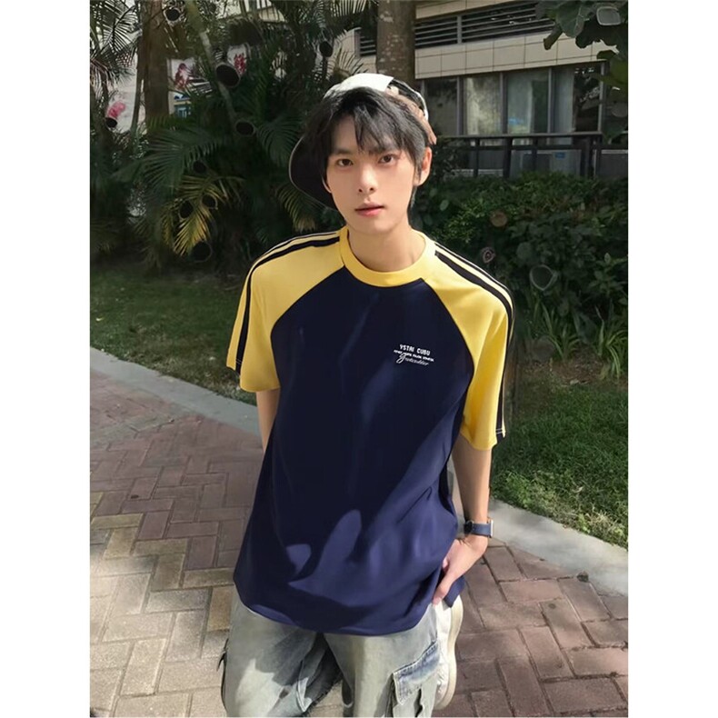 抖音得物品质二开240克宽松纯棉美式潮牌插肩三杠织带短袖T恤,男装T恤,电商A486