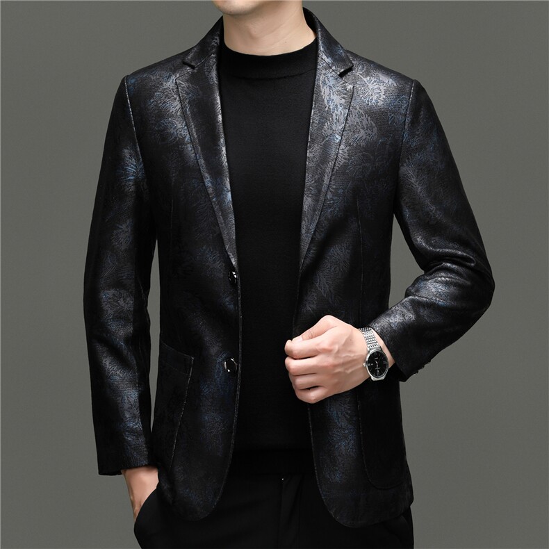 BG7103春秋款海宁真皮皮衣男头层绵羊皮外套印花商务休闲男士西服图片