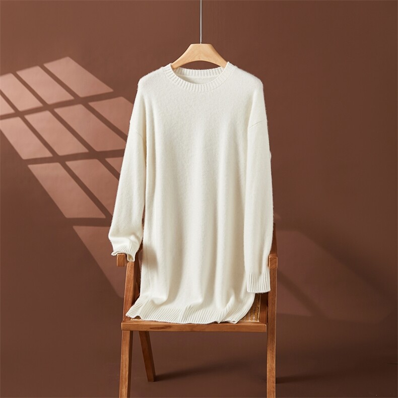 圆领中长款山羊绒衫女针织连衣裙纯色简约慵懒风毛衣百搭羊毛裙，女装连衣裙，朵沐纯羊绒