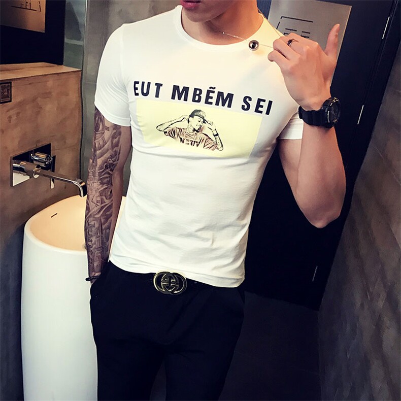 夏季新款短袖t恤流夜店印花体恤衫修身男衣服A313-T，男装T恤，电商A313