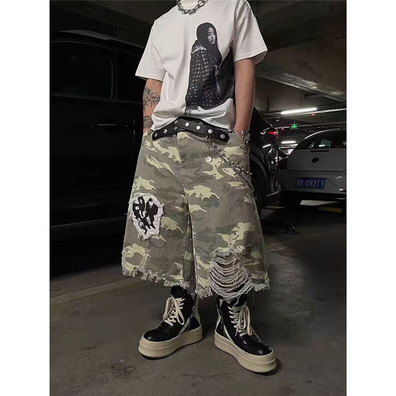 美式七分裤夏季复古街头破洞小众宽松阔腿裤XA339-P50，男装牛仔裤，星座208-5