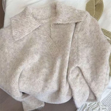 慵懒风翻领休闲设计感小众显瘦针织衫早秋新品韩系高级感软糯毛衣，女装针织衫/毛衣，萱芳婷羊绒