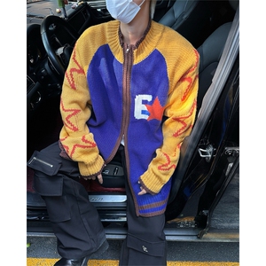 美式复古毛衣男开衫女秋冬多巴胺穿搭撞色拼接情侣宽松针织外套潮图片