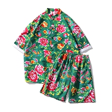 TZ2009风东北大花盘扣短袖衬衣短裤套装男女大码汉服潮团队服，男装牛仔裤，星座115A-1