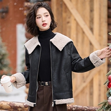 2024冬新款海军大翻领短羊羔毛皮毛一体加绒加厚外套韩系，女装羊羔毛/颗粒绒，跑量工厂店