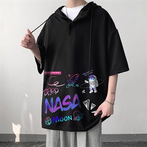 LD54186-P45NASA联名同款连帽短袖t恤男大码胖子带帽五分袖大皂风图片