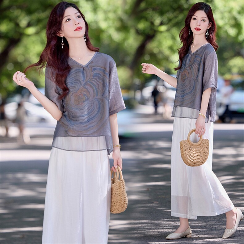 休闲印花棉麻套装女2025夏季新款宽松遮肉显瘦坠感阔腿裤两件套潮，女装套装/套裙，魅影