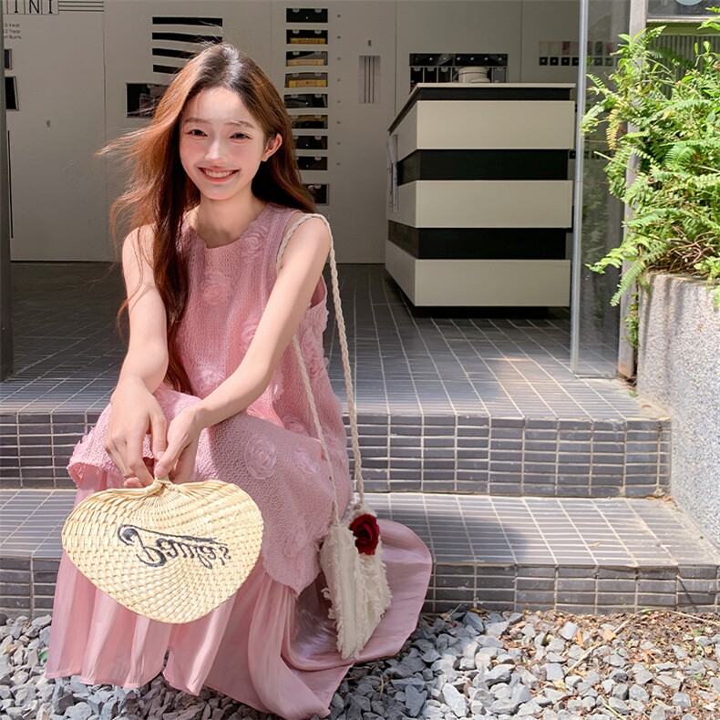 2025夏季新款甜美立体花朵假两件宽松背心连衣裙海边度假风长裙女,女装连衣裙,2C123