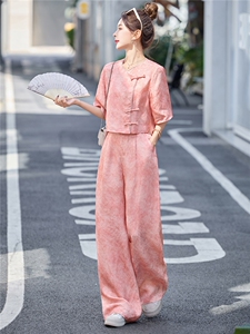 巨好看的年轻洋气套装女2025夏季新款民国风中式盘扣超火两件套裤图片