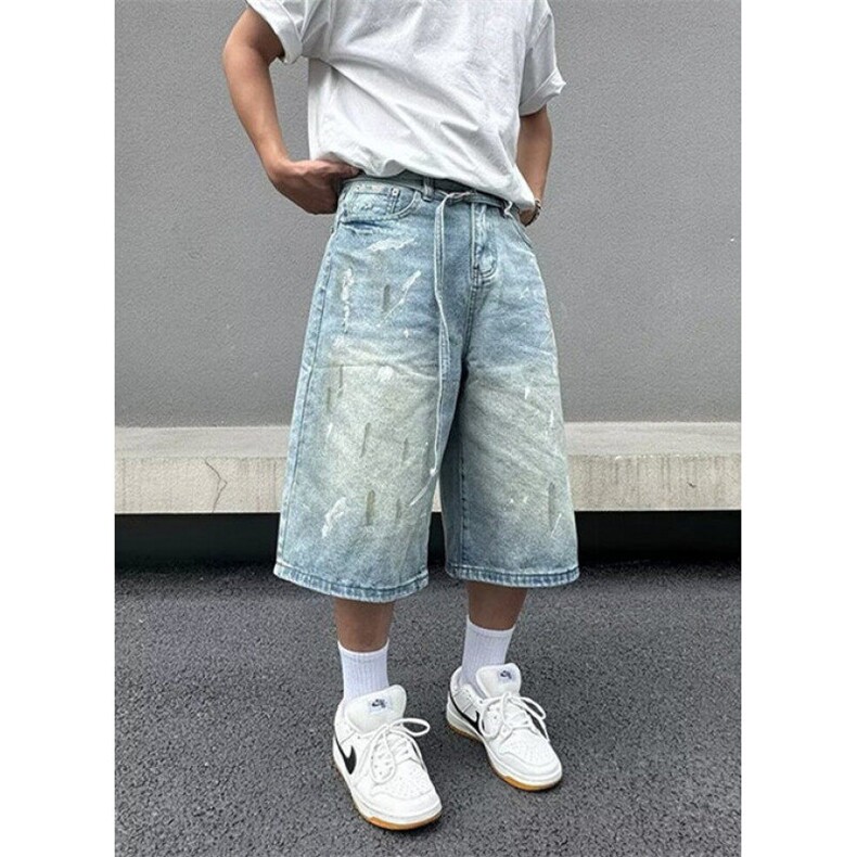 夏季复古泼墨水洗蓝色牛仔短裤男宽松设计感七分裤子 N7888图片