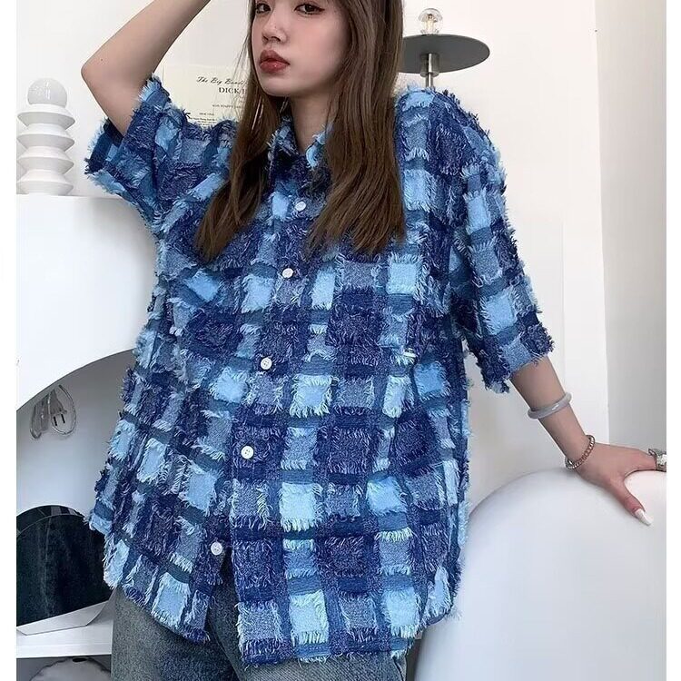C93-P38格子美式半袖高街衬衫香风流苏高级痞帅衬衣休闲宽松,男装T恤,电商B323A