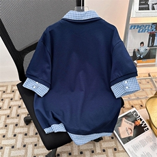 假两件短袖男款夏季潮牌衬衫拼接t恤美式学院风polo衫T555-P40，男装Polo衫，星座308B-1