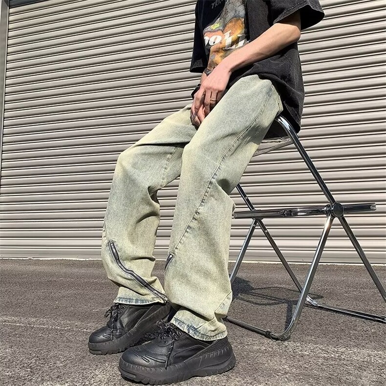 水洗长裤潮直脚牛仔裤气质日系宽松直筒拉链R1033P50,男装牛仔裤,星座1116-2