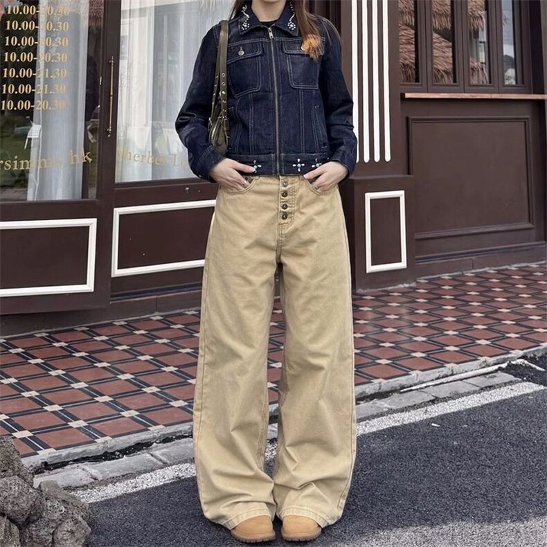 高街通勤字母纽扣水洗直筒牛仔裤女春秋季宽松慵懒风阔腿牛仔裤子,男装牛仔裤,星座506A