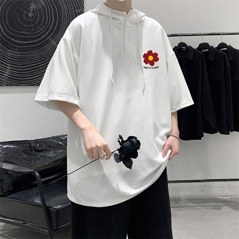 LD54257-P45连帽短袖t恤男大码胖子带帽五分袖中袖大皂风，男装T恤，电商A040