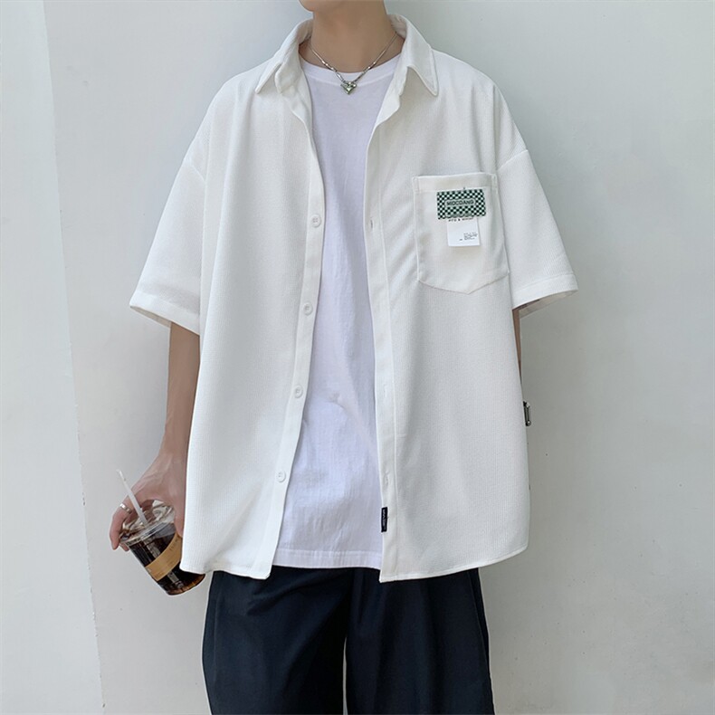 夏季港风bf华夫格口袋衬衫男潮牌宽松短袖百搭休闲外套 W3174-P32图片