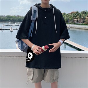 LD54035-P45 连帽短袖t恤男大码胖子带帽五分袖中袖图片