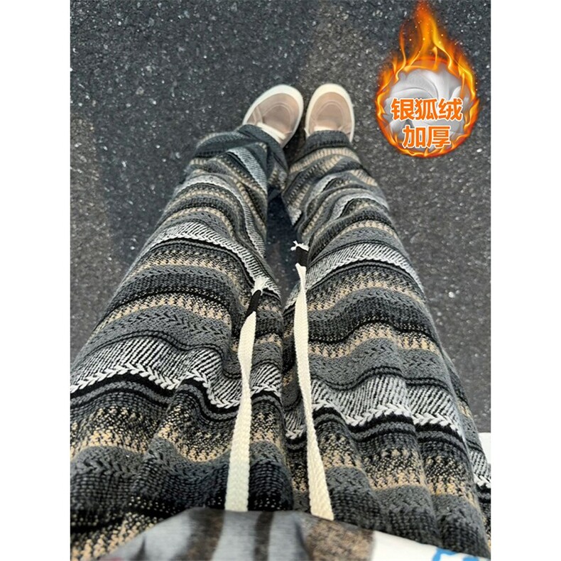 毛呢条纹民族风保暖银狐绒男宽松拖地休闲裤K5778J加绒-特P45控88，男装民族服装，电商A001