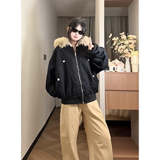 现货重磅boxy短款棉衣座山雕大毛毛领男女棉服水洗工装厚外套，男装棉衣，电商A486