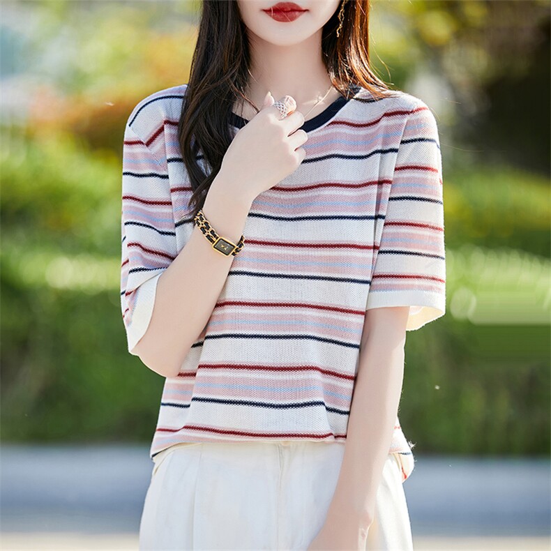 夏季新款圆领天丝彩色条纹短袖女宽松百搭半袖背心T恤针织衫上衣,女装T恤,暖烁羊绒