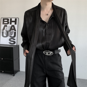 夏装2024小众明星同款夜店新中式黑欧根纱衬衫设计感男女衬衣长袖图片