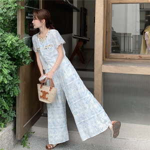 小香风漂亮晕染上衣阔腿裤套装女夏2025新款两件套日绝美俏皮爆款图片