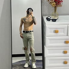 美式hiphop水洗猫须膝盖破洞牛仔裤男潮牌欧美高街JX525-P50，男装牛仔裤，星座1109-3
