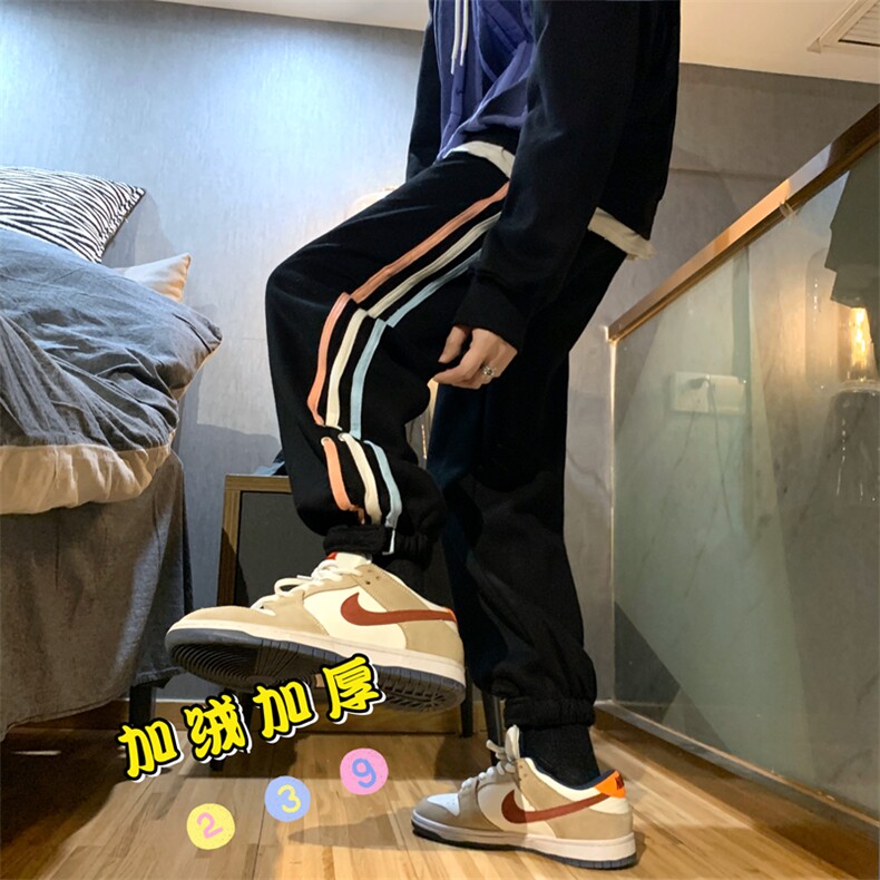 秋冬彩虹条拼接加绒加厚直筒运动宽松束脚高街休闲裤K1861-P45,男装休闲裤,星座512-2