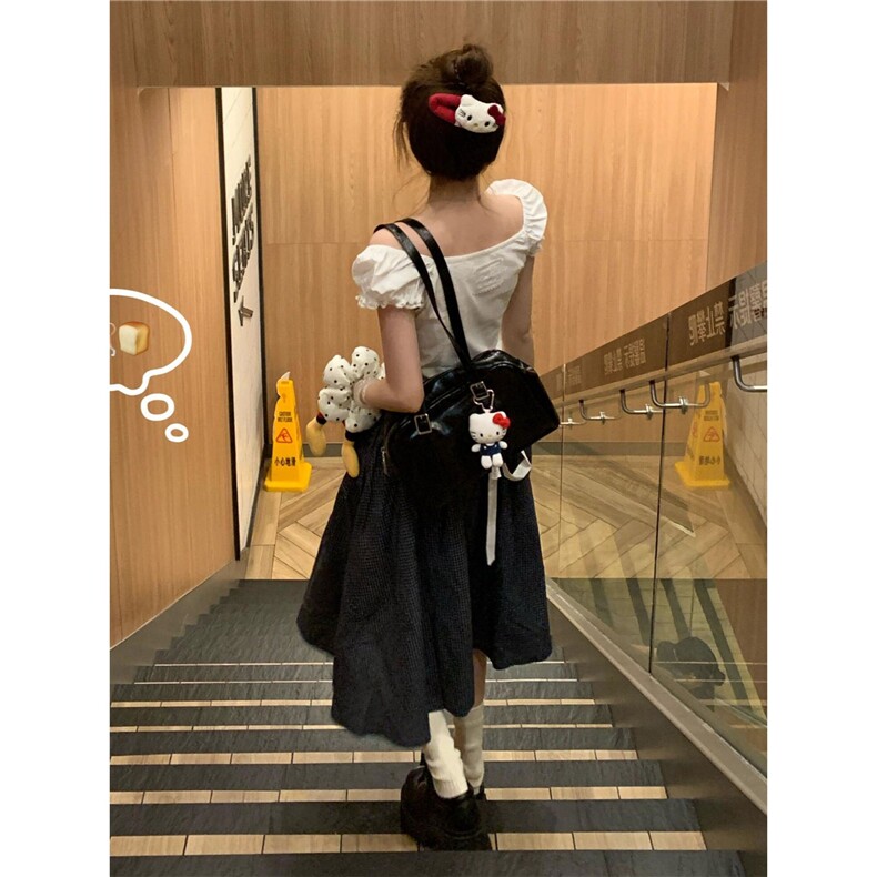 韩版甜辣通勤风修身泡泡袖衬衫+高腰蝴蝶结宽松半身裙两件套装女,男装衬衫,星座1210-1