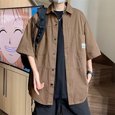 日系复古工装纯棉短袖衬衫男夏季薄款宽松男生半袖衬衣外套，男装衬衫，星座410-7